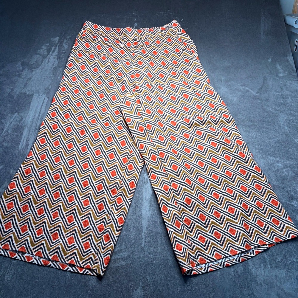 Tahari Pants Women L Orange 100% Linen Wide Leg Crop Geometric Pull On Lagenlook